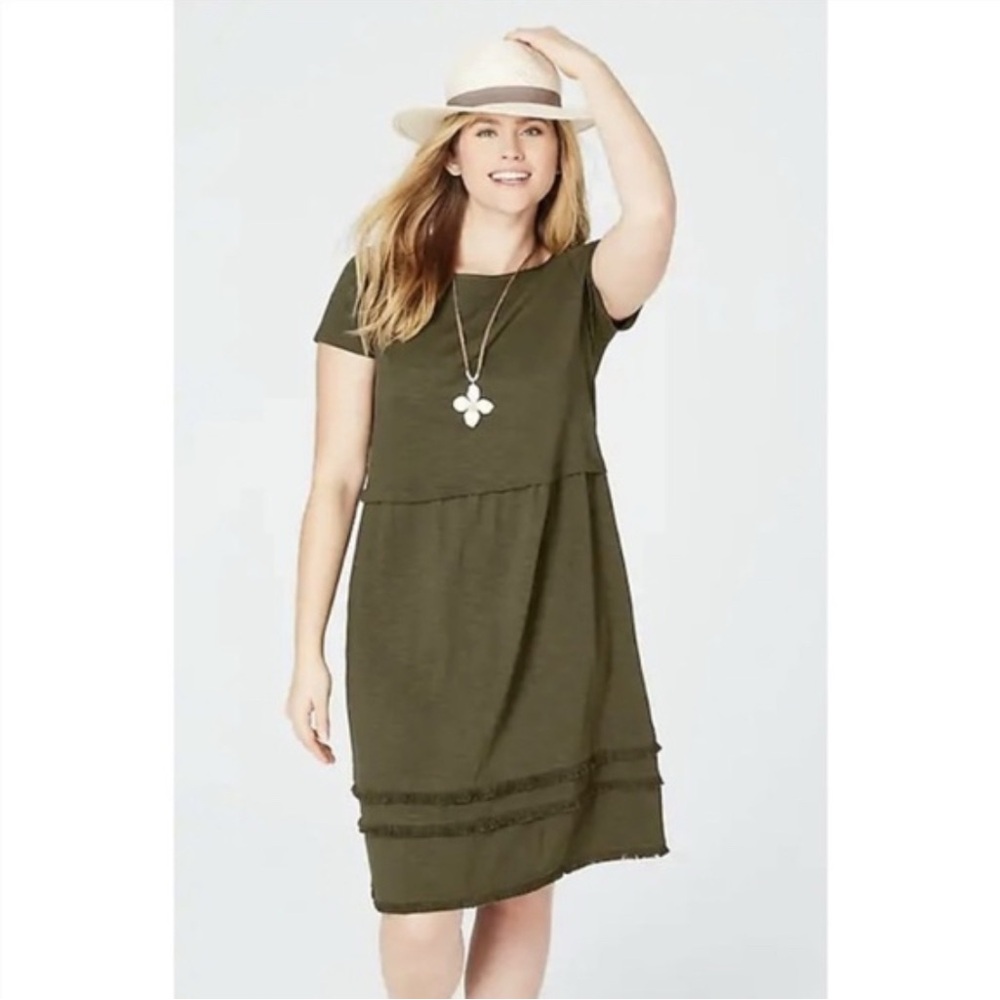 J.Jill Midi Moss Olive Green Short Sleeve Comfy Shift Dress Work Casual